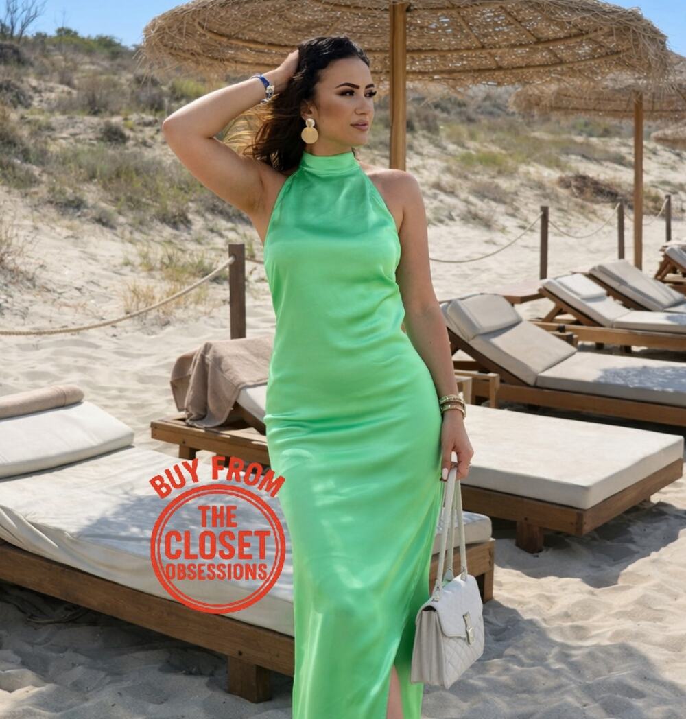ZARA Satin Halter Midi Dress Green Wedding Guest Bridesmaid Dress